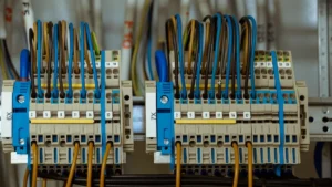 Instalador revisando el cuadro eléctrico durante la renovación de la instalación de un piso
